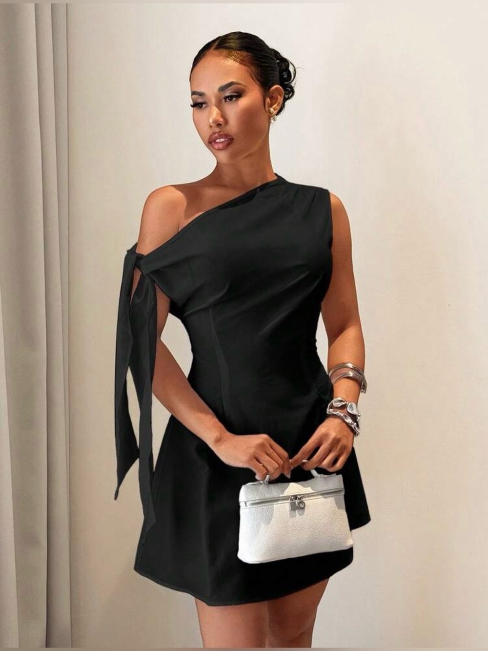 One-Shoulder Black Mini Dress with Draped Tie Detail